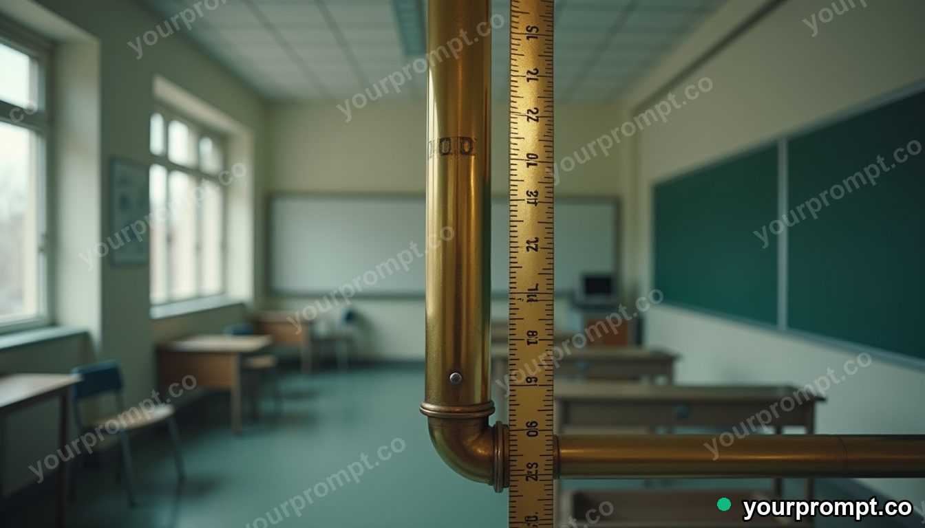Brass ventilation pipe surrounded by precise measurement marks without numbers inside an empty classroom · impossible physics surreal — AI-generated image