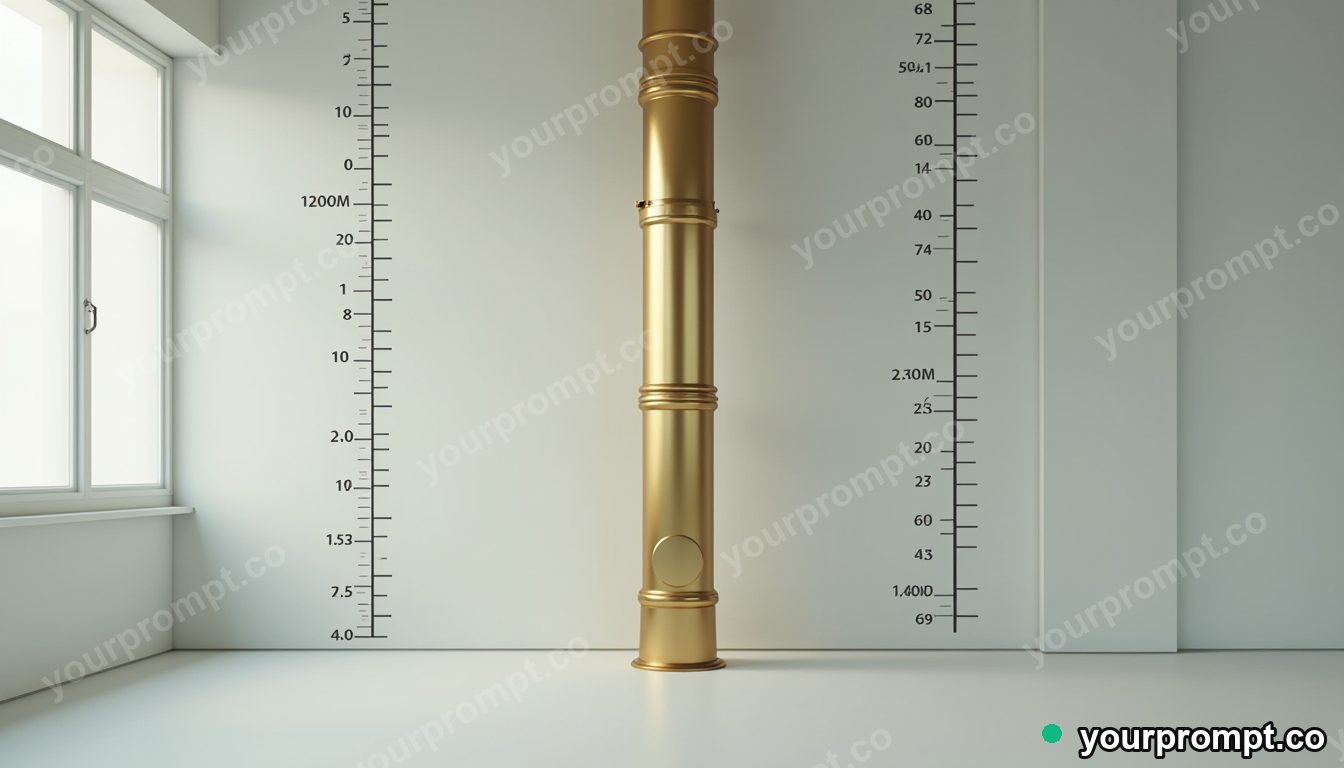 Brass ventilation pipe surrounded by precise measurement marks without numbers inside an empty classroom · minimal graphic geometry — AI-generated image