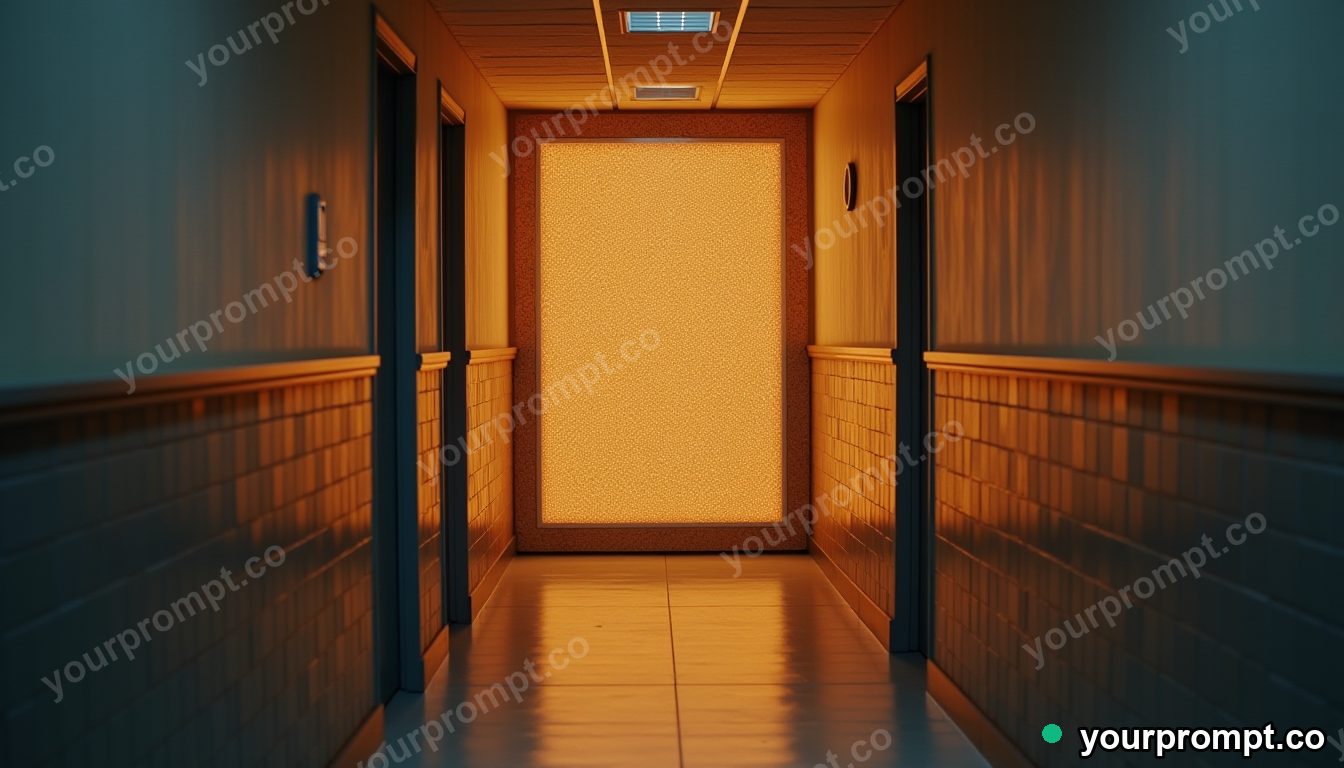 Cork hallway panel glowing from seams and hinges inside a tiled maintenance room — 5 AI style variations of one prompt