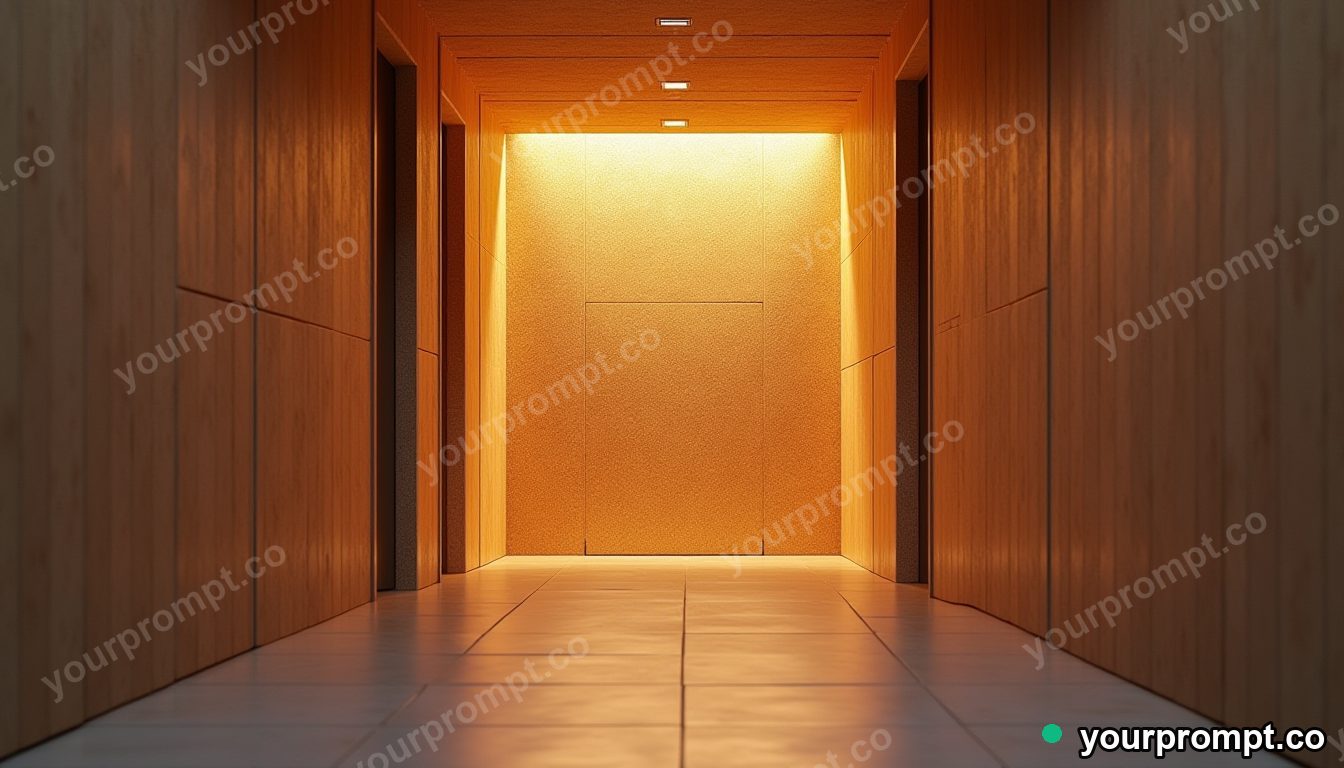 Cork hallway panel glowing from seams and hinges inside a tiled maintenance room · premium material editorial — AI-generated image