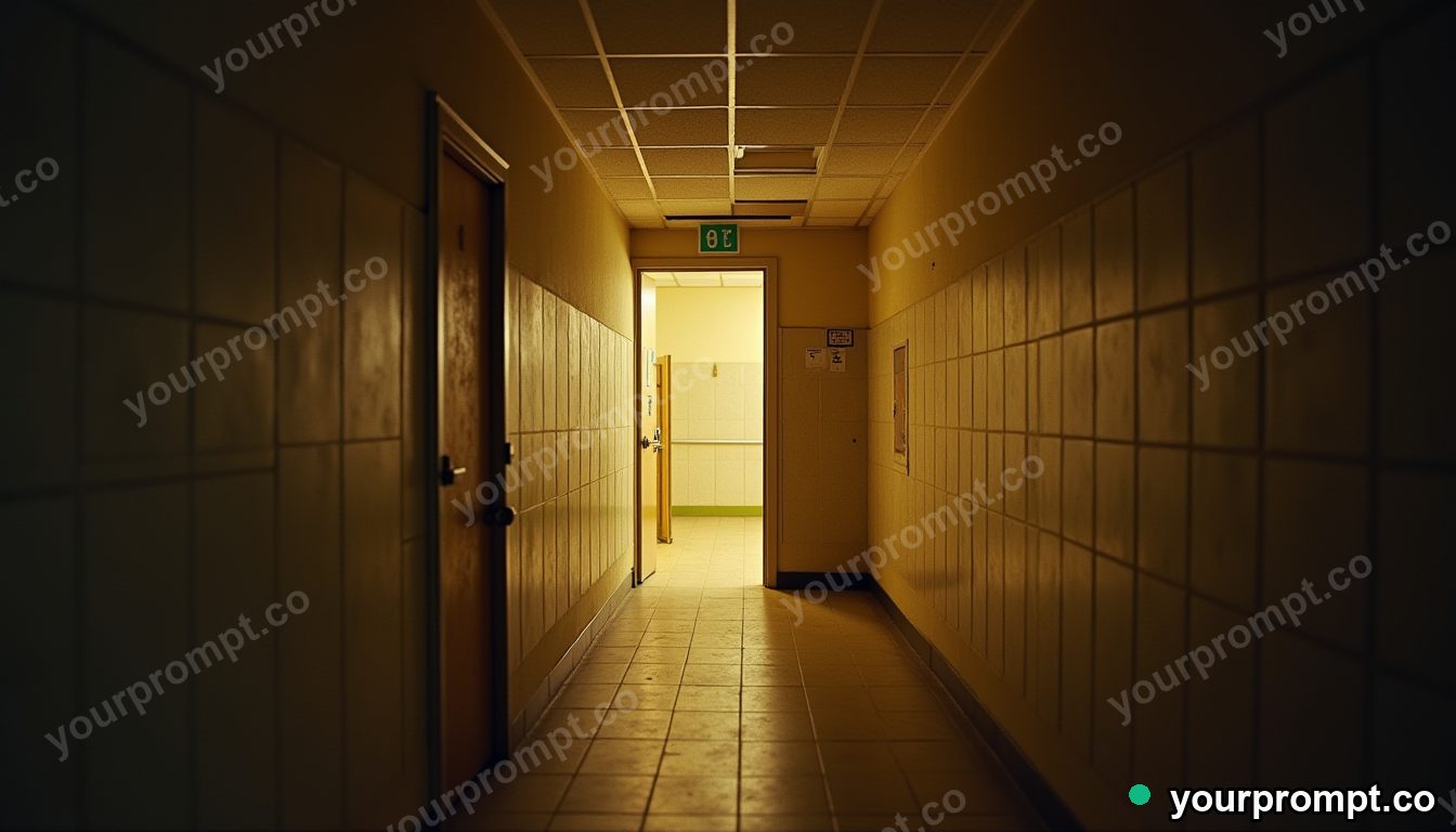 Cork hallway panel glowing from seams and hinges inside a tiled maintenance room · analog empty archive — AI-generated image