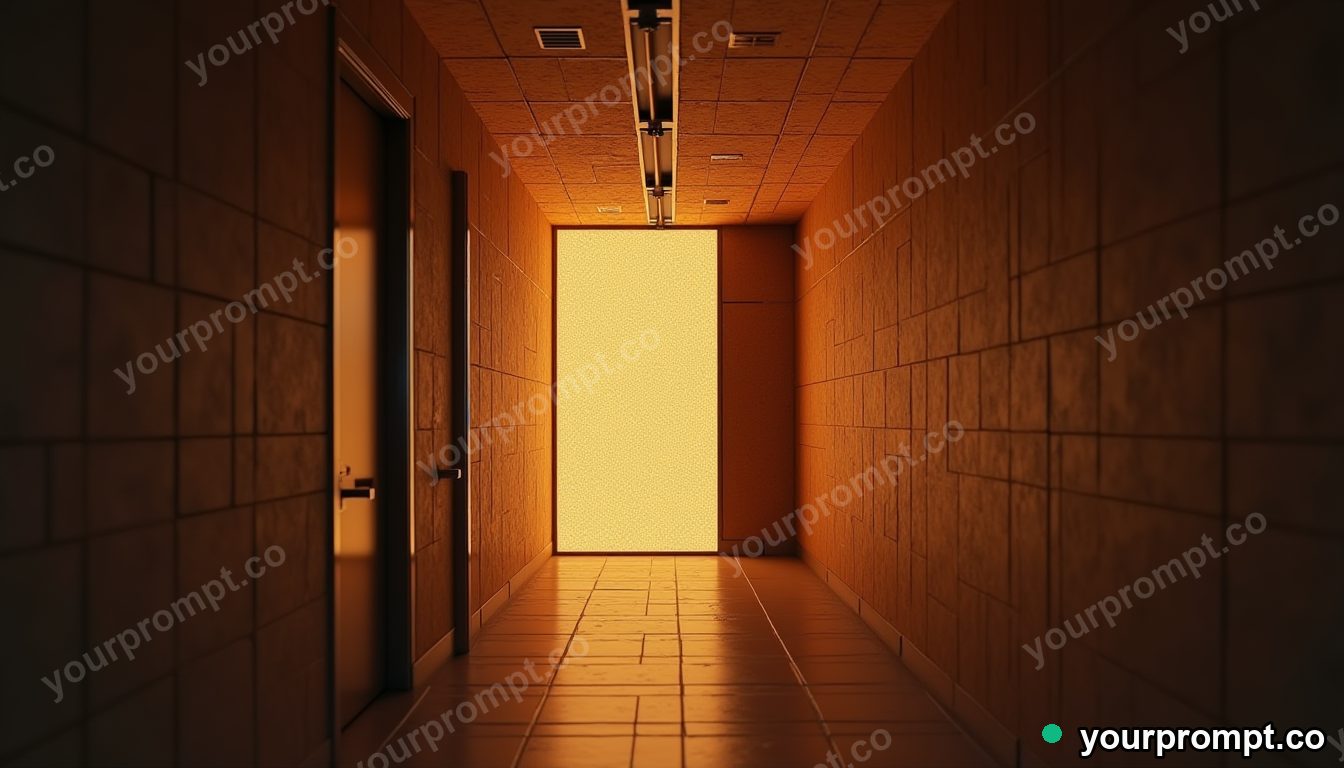 Cork hallway panel glowing from seams and hinges inside a tiled maintenance room · impossible physics surreal — AI-generated image