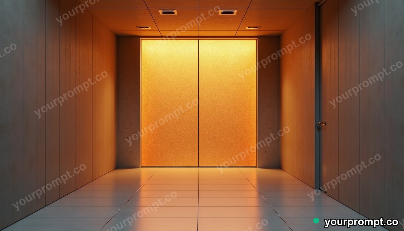 Cork hallway panel glowing from seams and hinges inside a tiled maintenance room · minimal graphic geometry — AI-generated image