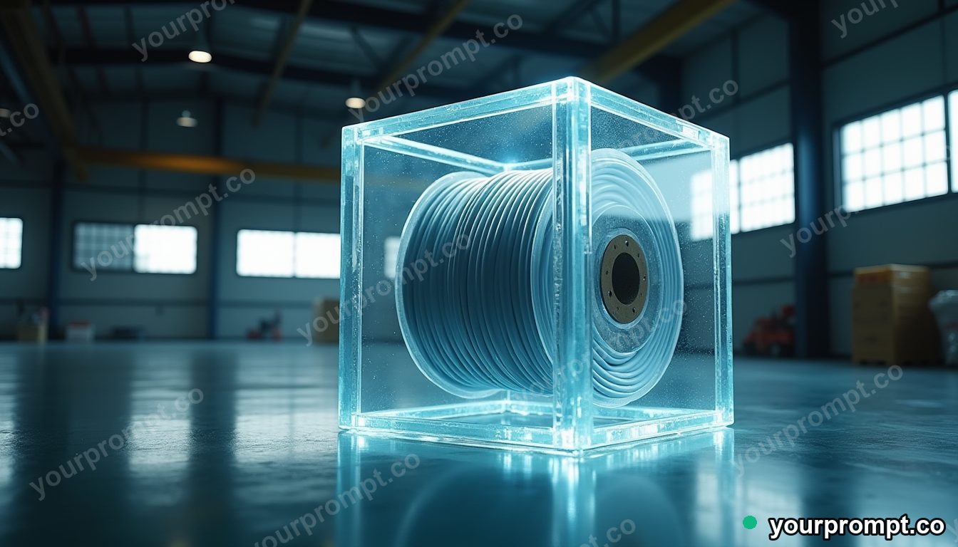 Transparent cable spool sealed inside a transparent cube inside a quiet warehouse — 5 AI style variations of one prompt