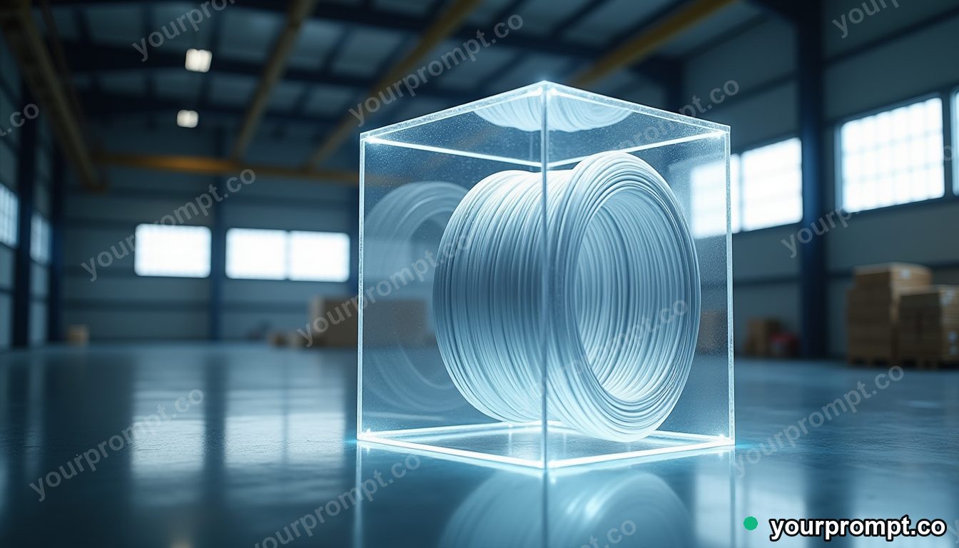 Transparent cable spool sealed inside a transparent cube inside a quiet warehouse · premium material editorial — AI-generated image