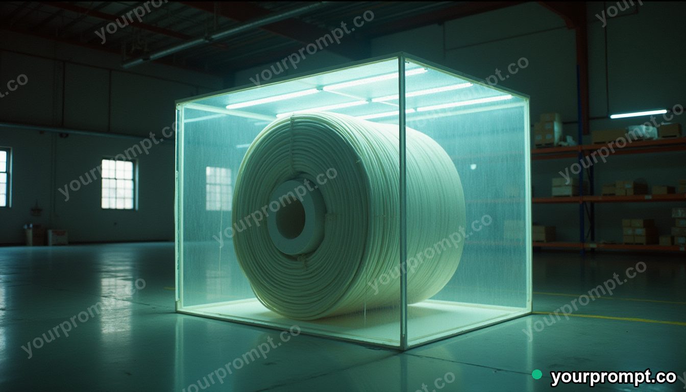 Transparent cable spool sealed inside a transparent cube inside a quiet warehouse · analog empty archive — AI-generated image