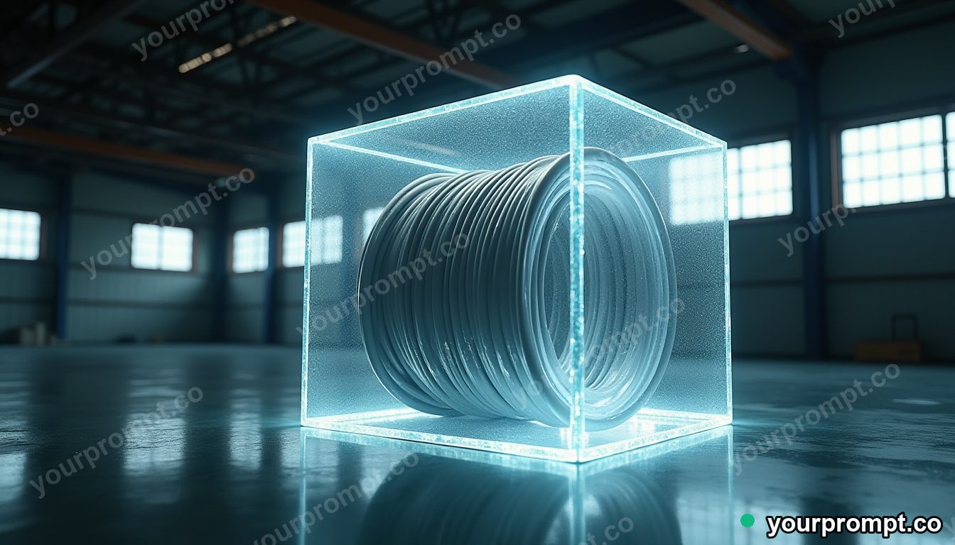 Transparent cable spool sealed inside a transparent cube inside a quiet warehouse · impossible physics surreal — AI-generated image