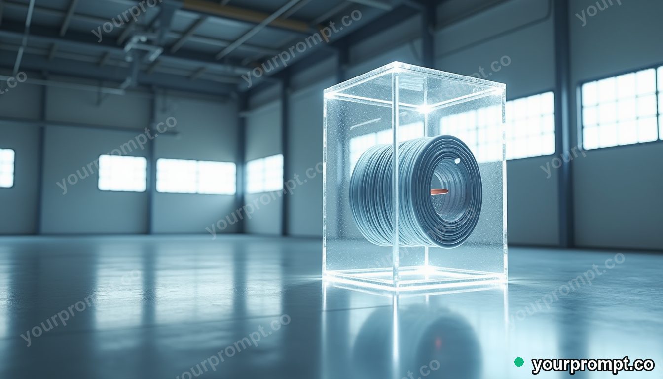 Transparent cable spool sealed inside a transparent cube inside a quiet warehouse · minimal graphic geometry — AI-generated image