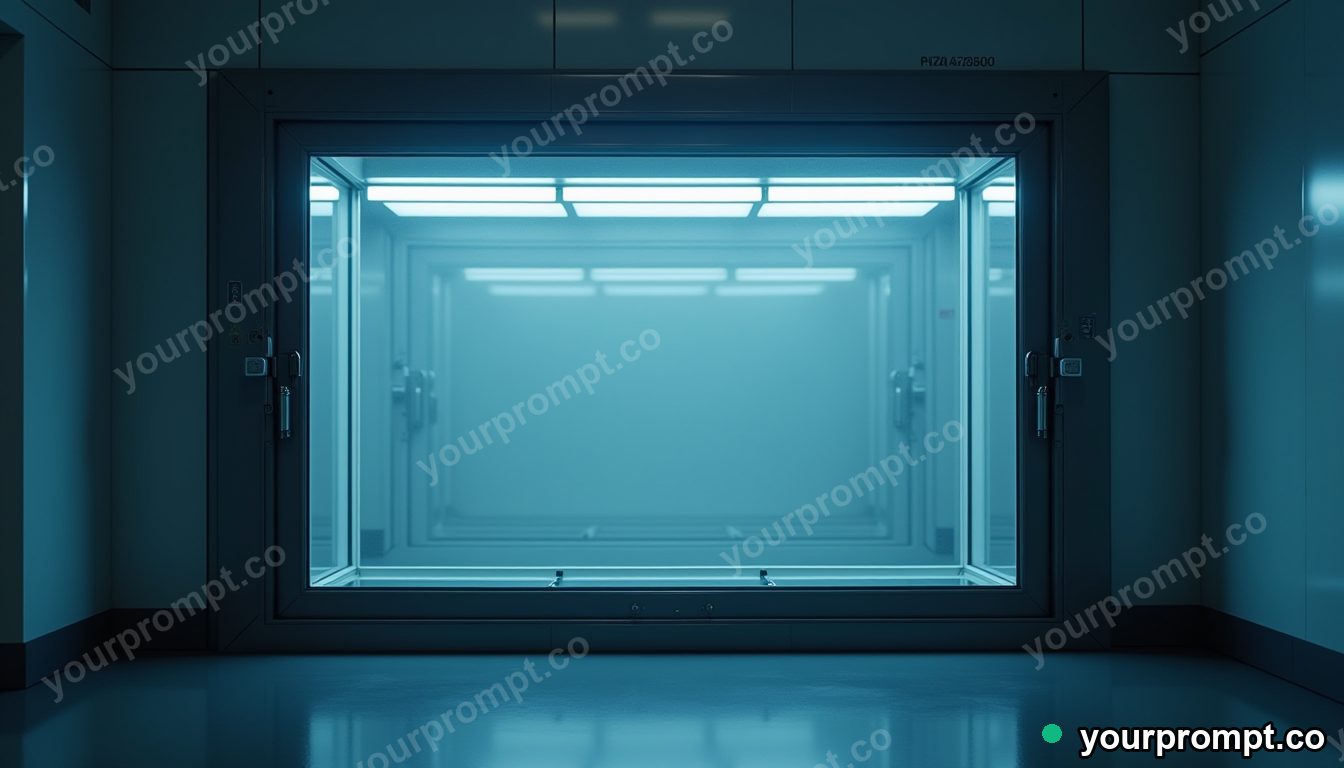 Carbon-fiber window frame glowing from seams and hinges inside a glass test chamber — 5 AI style variations of one prompt