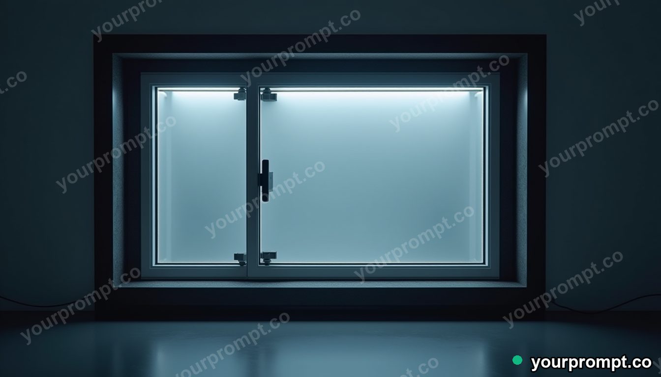 Carbon-fiber window frame glowing from seams and hinges inside a glass test chamber · premium material editorial — AI-generated image