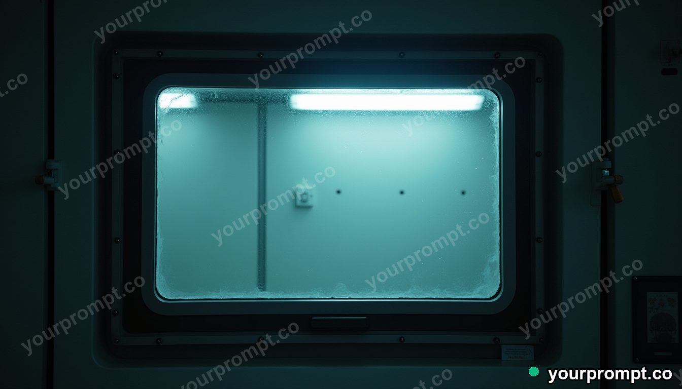 Carbon-fiber window frame glowing from seams and hinges inside a glass test chamber · analog empty archive — AI-generated image