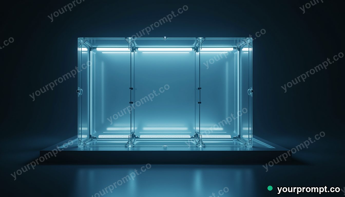 Carbon-fiber window frame glowing from seams and hinges inside a glass test chamber · impossible physics surreal — AI-generated image
