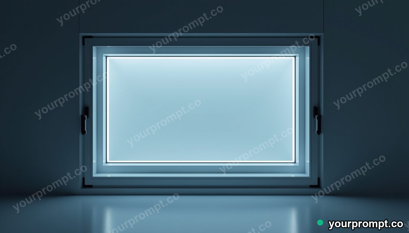 Carbon-fiber window frame glowing from seams and hinges inside a glass test chamber · minimal graphic geometry — AI-generated image