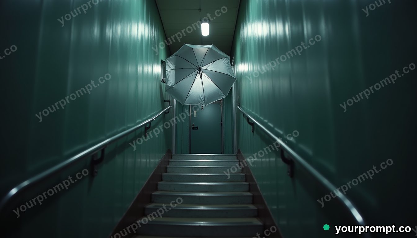 Silver umbrella glowing from seams and hinges in a narrow service stairwell — 5 AI style variations of one prompt
