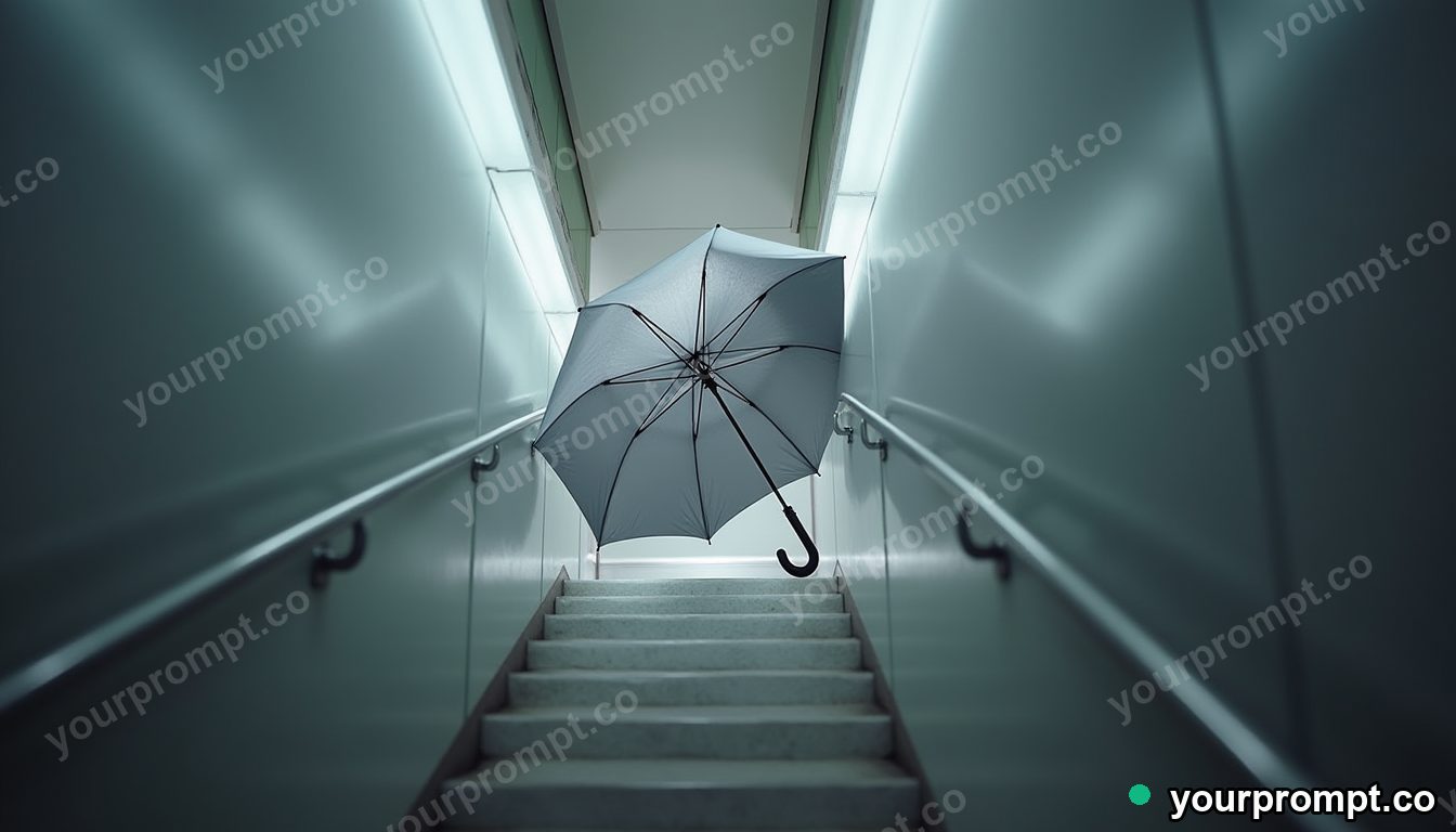 Silver umbrella glowing from seams and hinges in a narrow service stairwell · premium material editorial — AI-generated image
