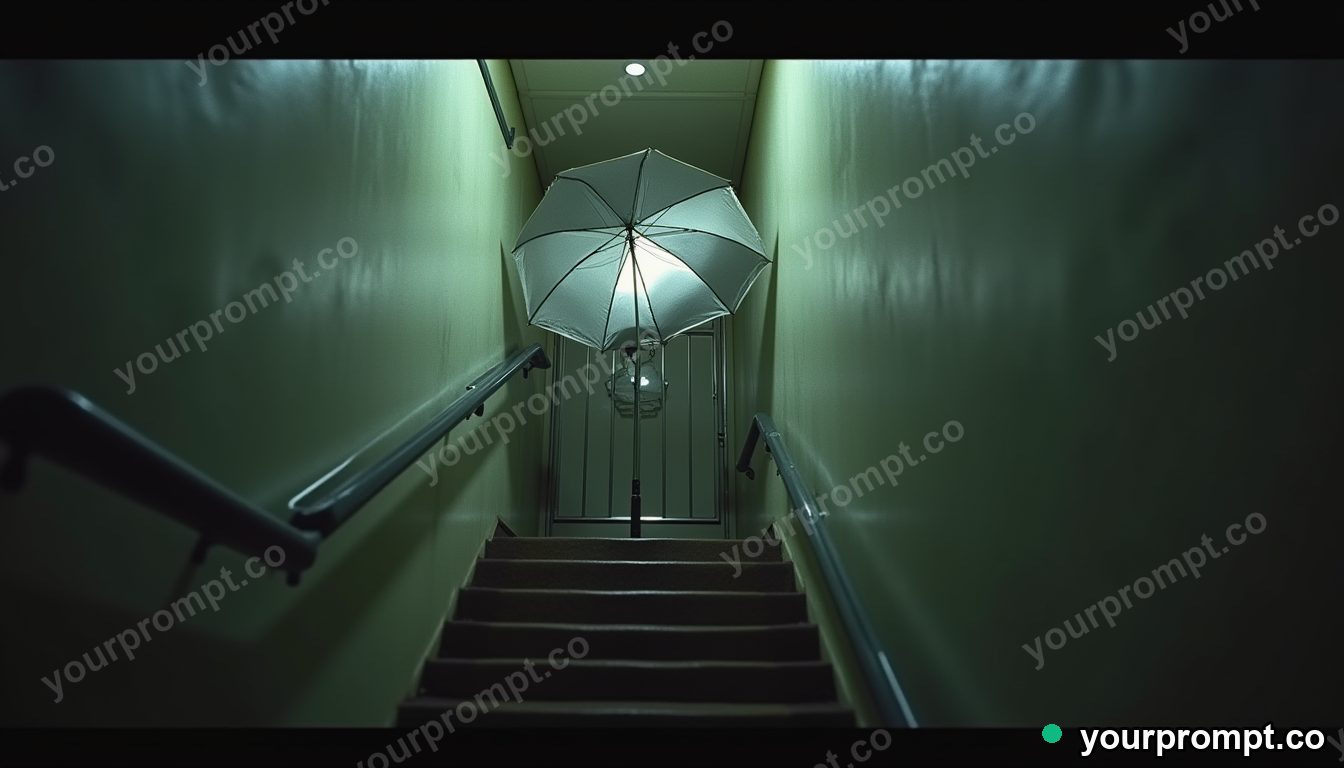 Silver umbrella glowing from seams and hinges in a narrow service stairwell · analog empty archive — AI-generated image