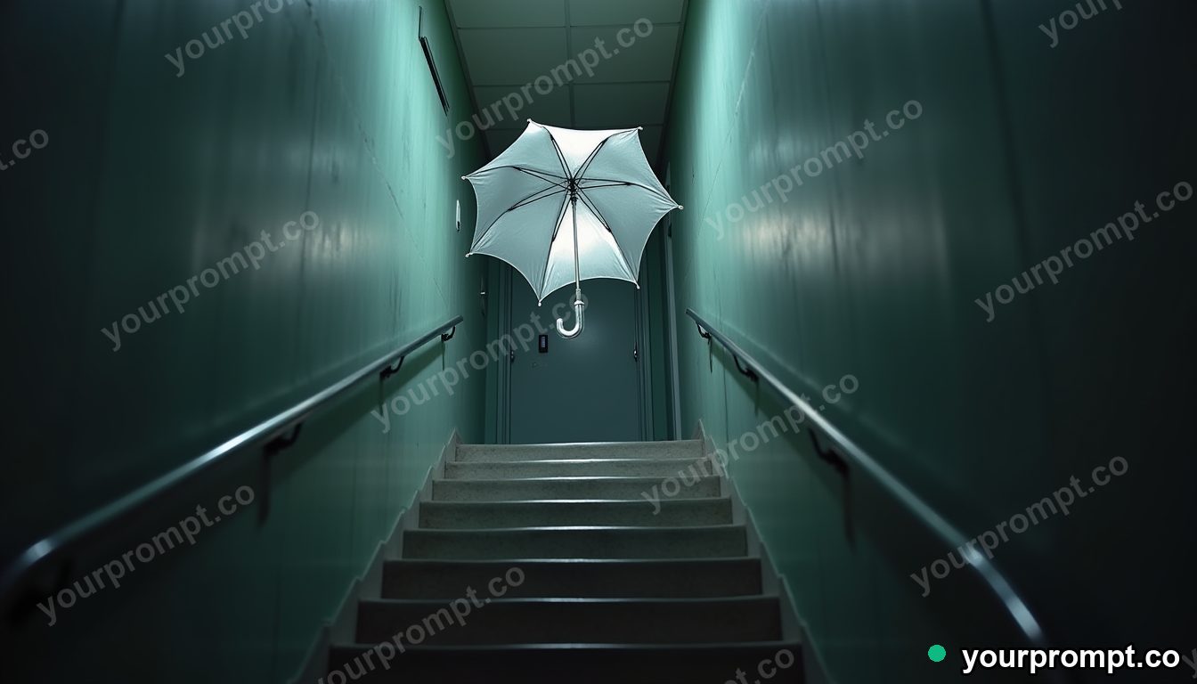 Silver umbrella glowing from seams and hinges in a narrow service stairwell · impossible physics surreal — AI-generated image