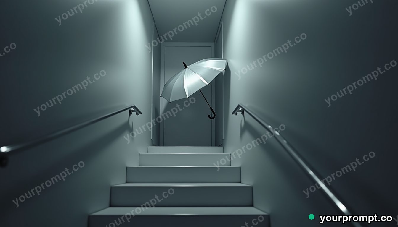 Silver umbrella glowing from seams and hinges in a narrow service stairwell · minimal graphic geometry — AI-generated image