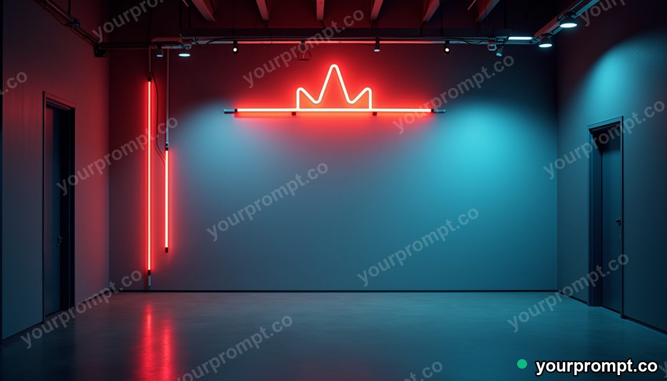 Neon tube crown connected to nothing by glowing cables inside a closed showroom · premium material editorial — AI-generated image