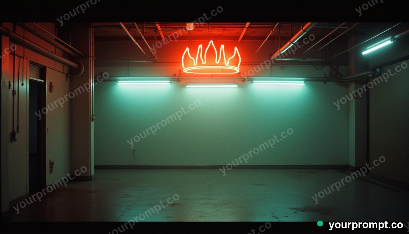 Neon tube crown connected to nothing by glowing cables inside a closed showroom · analog empty archive — AI-generated image