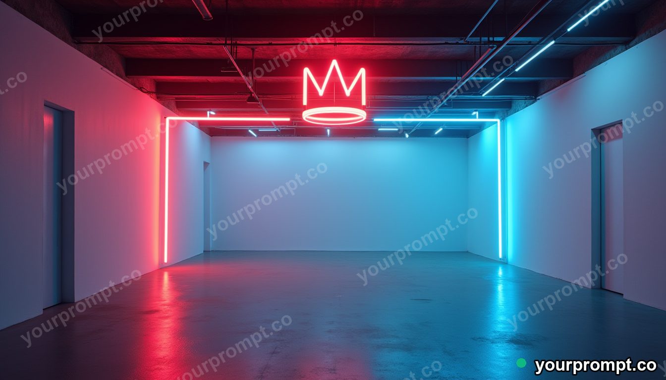 Neon tube crown connected to nothing by glowing cables inside a closed showroom · minimal graphic geometry — AI-generated image