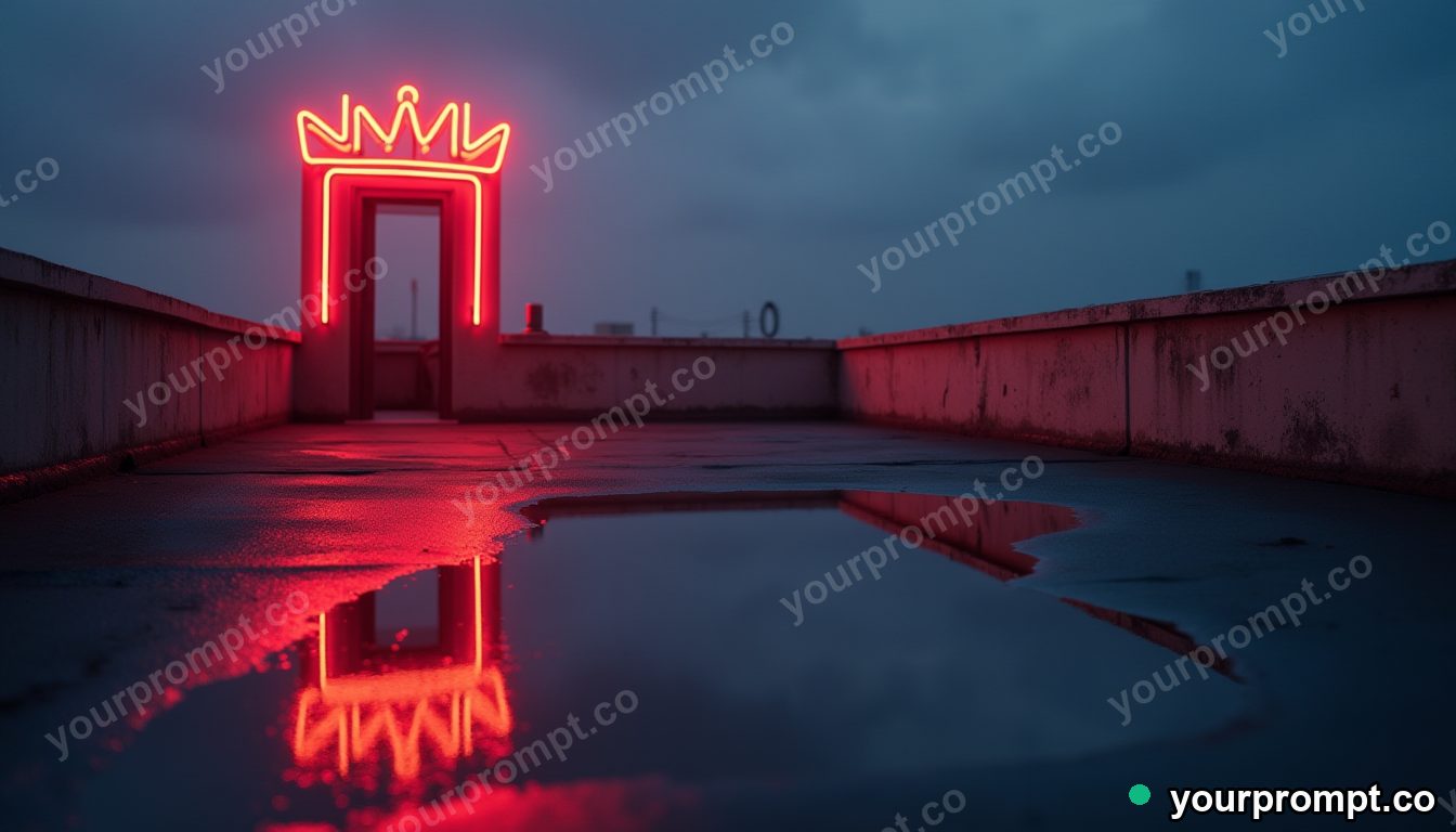 Neon tube crown reflected in a puddle that shows another room on a silent rooftop at dawn — 5 AI style variations of one prompt