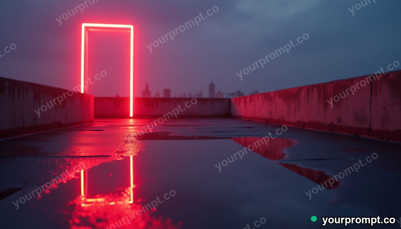 Neon tube crown reflected in a puddle that shows another room on a silent rooftop at dawn · premium material editorial — AI-generated image