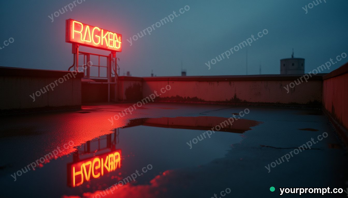Neon tube crown reflected in a puddle that shows another room on a silent rooftop at dawn · analog empty archive — AI-generated image