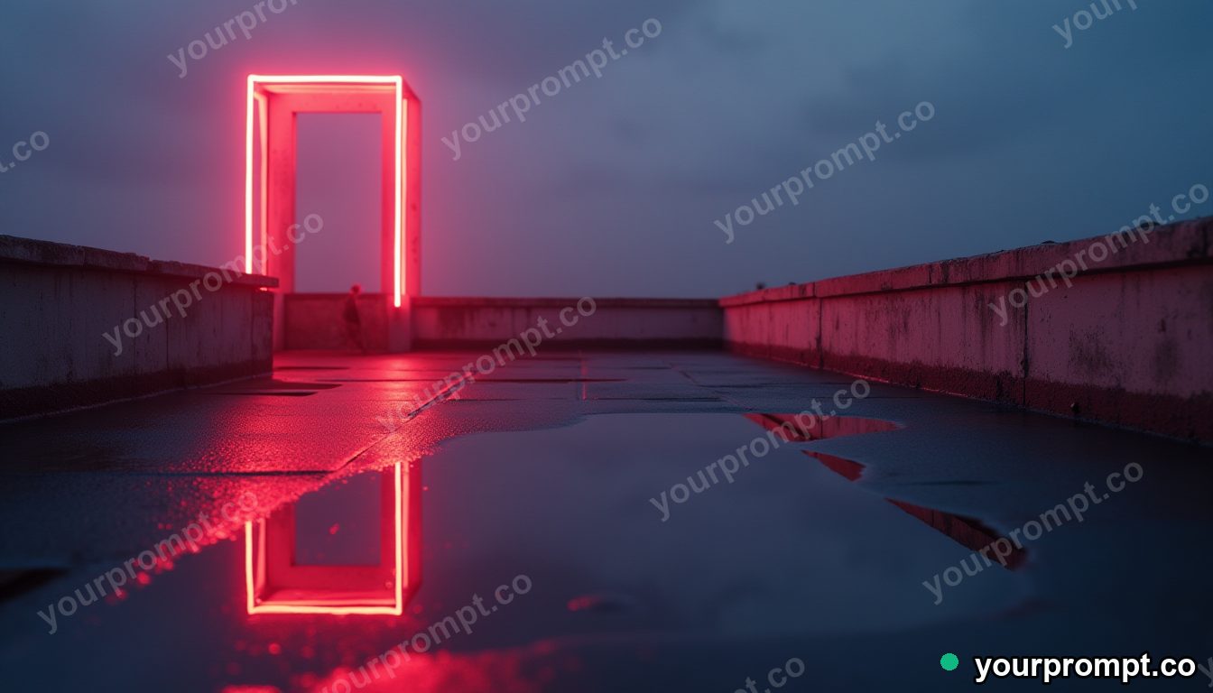 Neon tube crown reflected in a puddle that shows another room on a silent rooftop at dawn · impossible physics surreal — AI-generated image