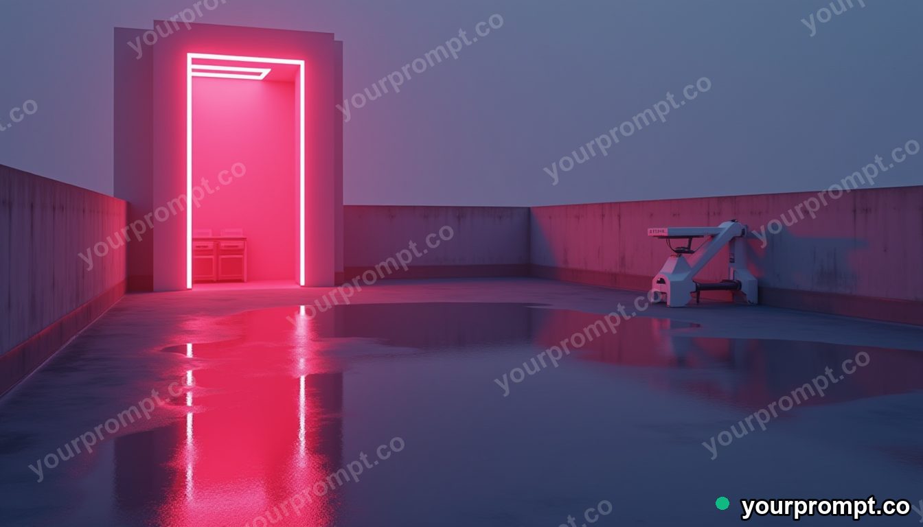 Neon tube crown reflected in a puddle that shows another room on a silent rooftop at dawn · minimal graphic geometry — AI-generated image