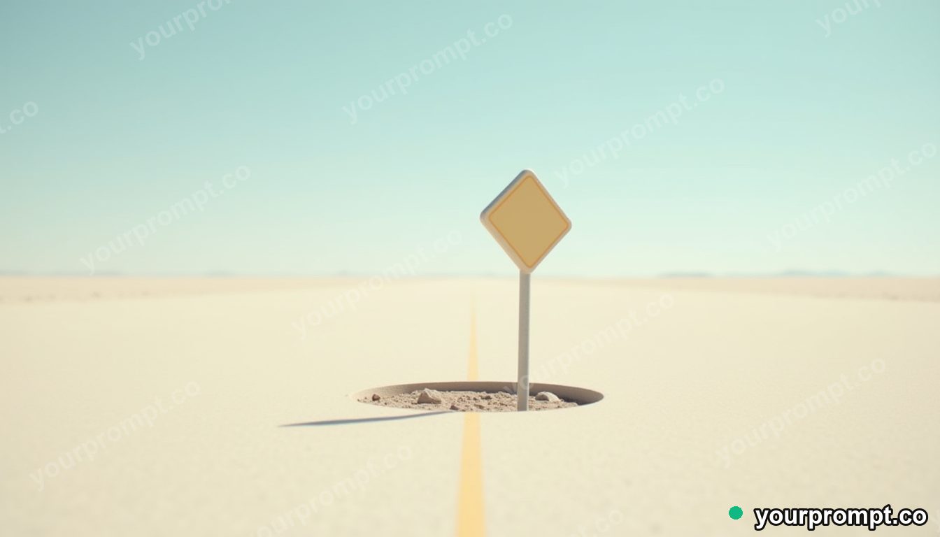 Ceramic road sign partly sinking into a perfectly flat floor on a pale desert road — 5 AI style variations of one prompt