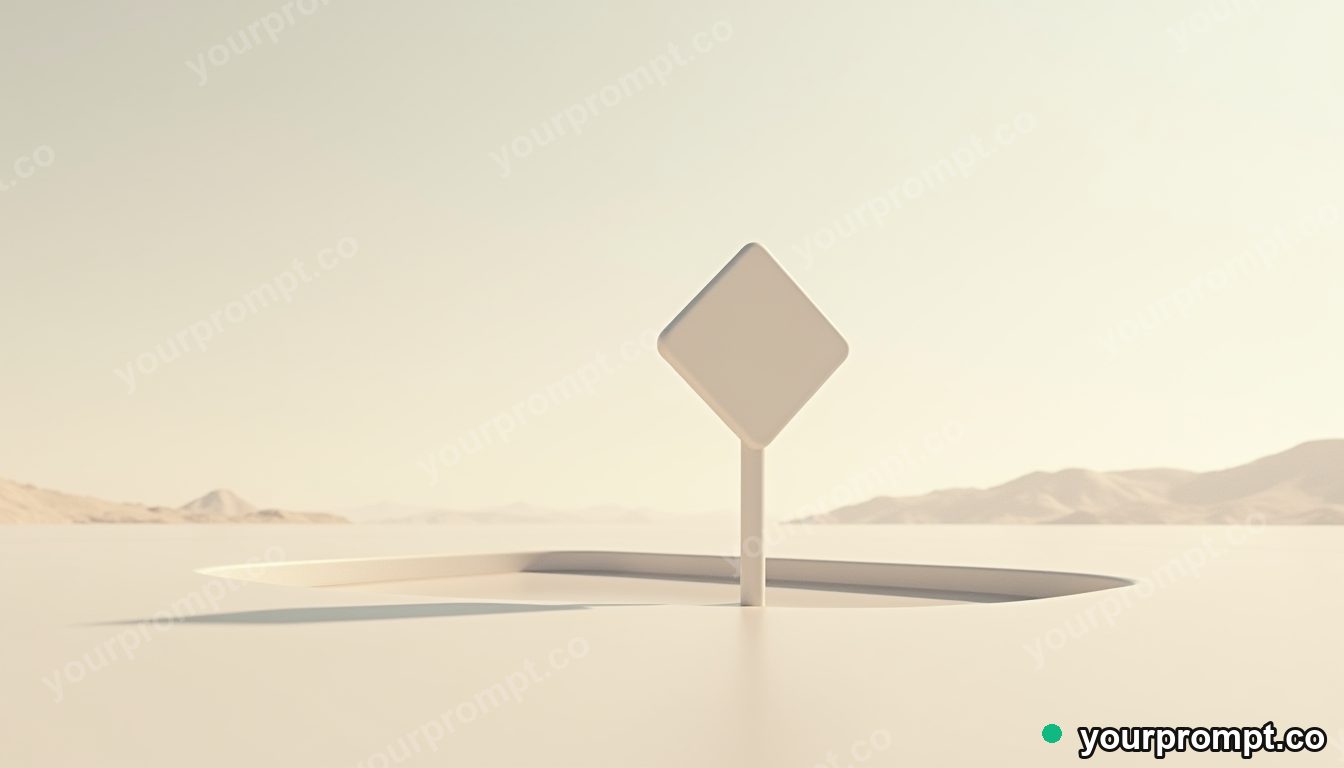 Ceramic road sign partly sinking into a perfectly flat floor on a pale desert road · premium material editorial — AI-generated image