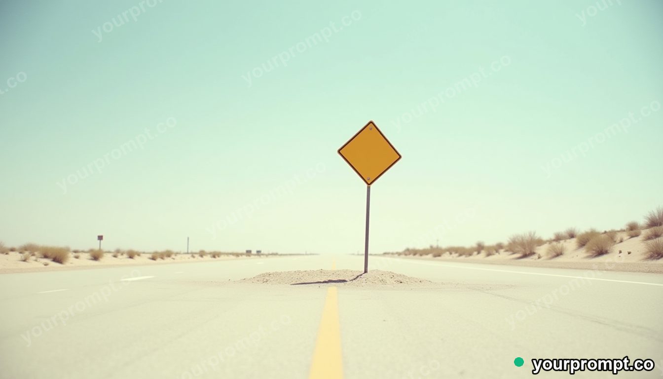 Ceramic road sign partly sinking into a perfectly flat floor on a pale desert road · analog empty archive — AI-generated image