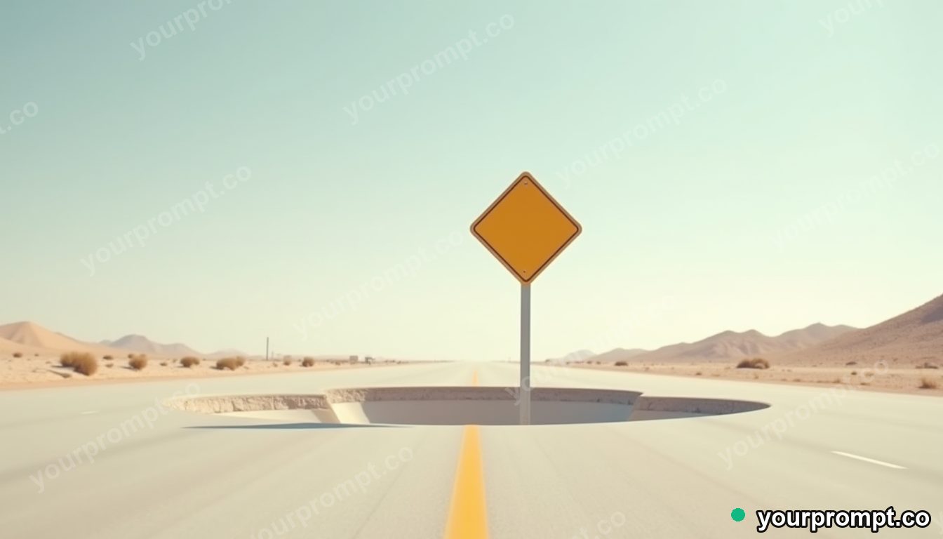 Ceramic road sign partly sinking into a perfectly flat floor on a pale desert road · impossible physics surreal — AI-generated image