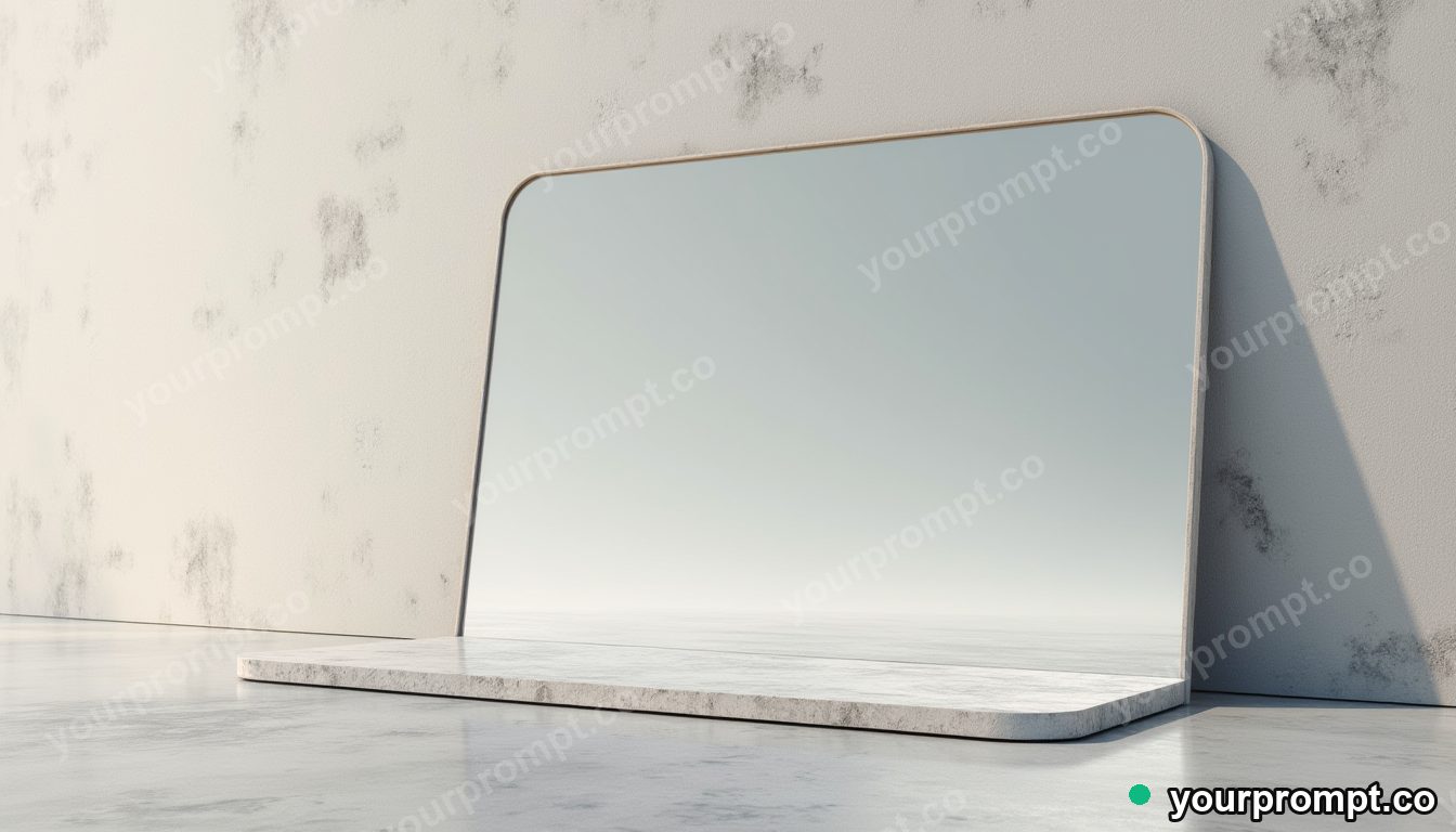 Frosted mirror slowly turning into polished stone on a dry concrete plaza · premium material editorial — AI-generated image