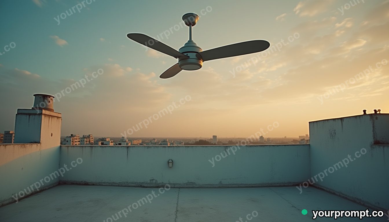 Vinyl ceiling fan pressed into a wall like a shallow relief on a silent rooftop at dawn — 5 AI style variations of one prompt