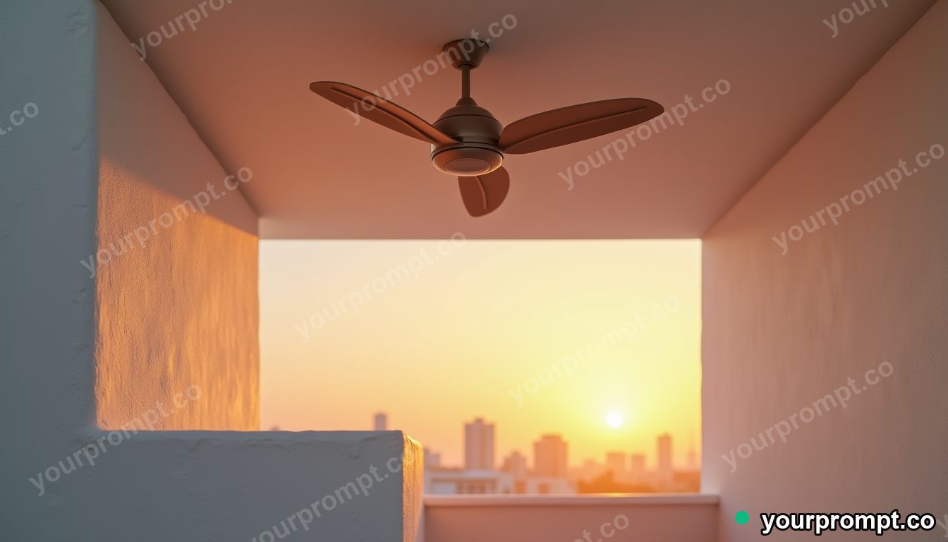 Vinyl ceiling fan pressed into a wall like a shallow relief on a silent rooftop at dawn · premium material editorial — AI-generated image