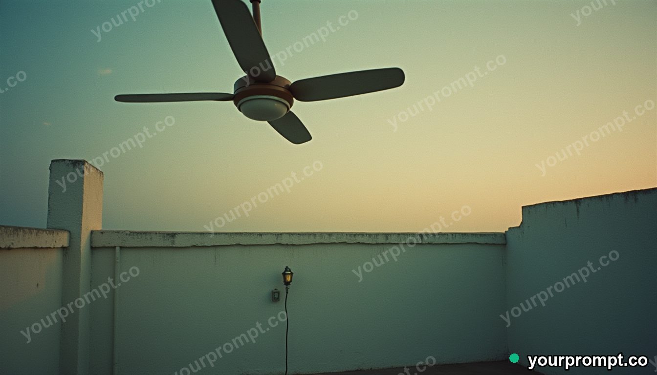 Vinyl ceiling fan pressed into a wall like a shallow relief on a silent rooftop at dawn · analog empty archive — AI-generated image