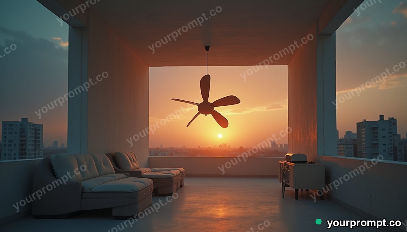 Vinyl ceiling fan pressed into a wall like a shallow relief on a silent rooftop at dawn · impossible physics surreal — AI-generated image