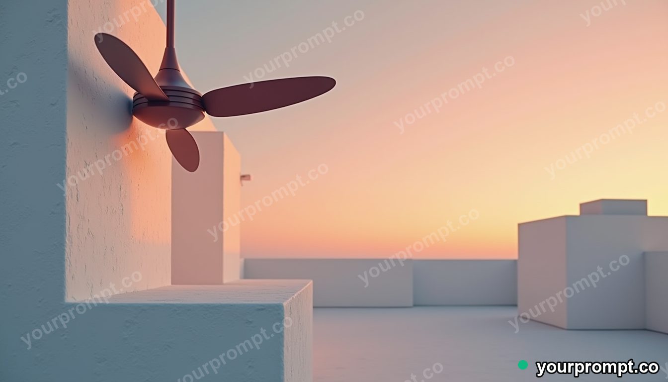 Vinyl ceiling fan pressed into a wall like a shallow relief on a silent rooftop at dawn · minimal graphic geometry — AI-generated image
