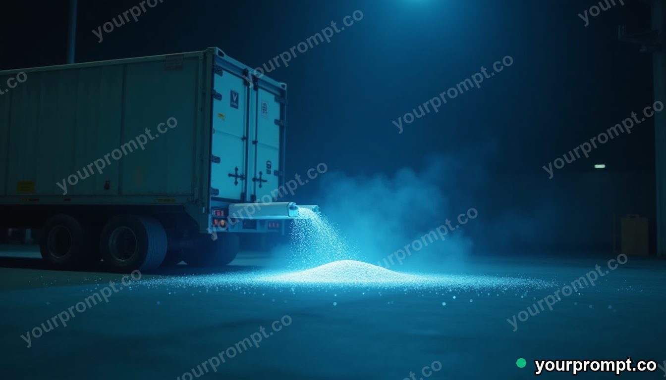 Magnetic sand tray leaking tiny particles of white light on a blue-lit loading dock — 5 AI style variations of one prompt