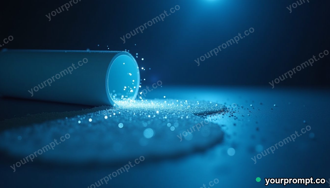 Magnetic sand tray leaking tiny particles of white light on a blue-lit loading dock · premium material editorial — AI-generated image
