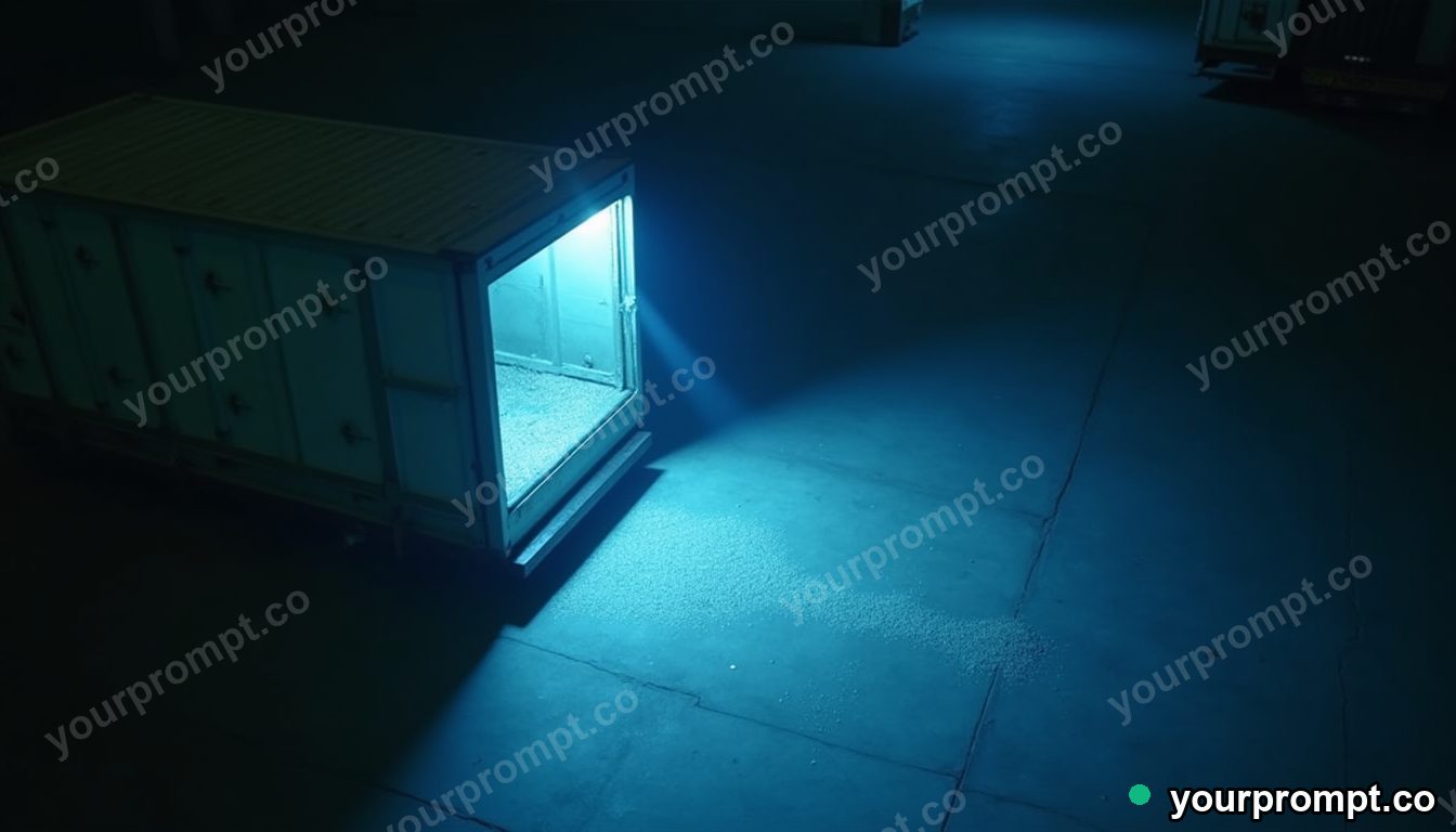 Magnetic sand tray leaking tiny particles of white light on a blue-lit loading dock · analog empty archive — AI-generated image