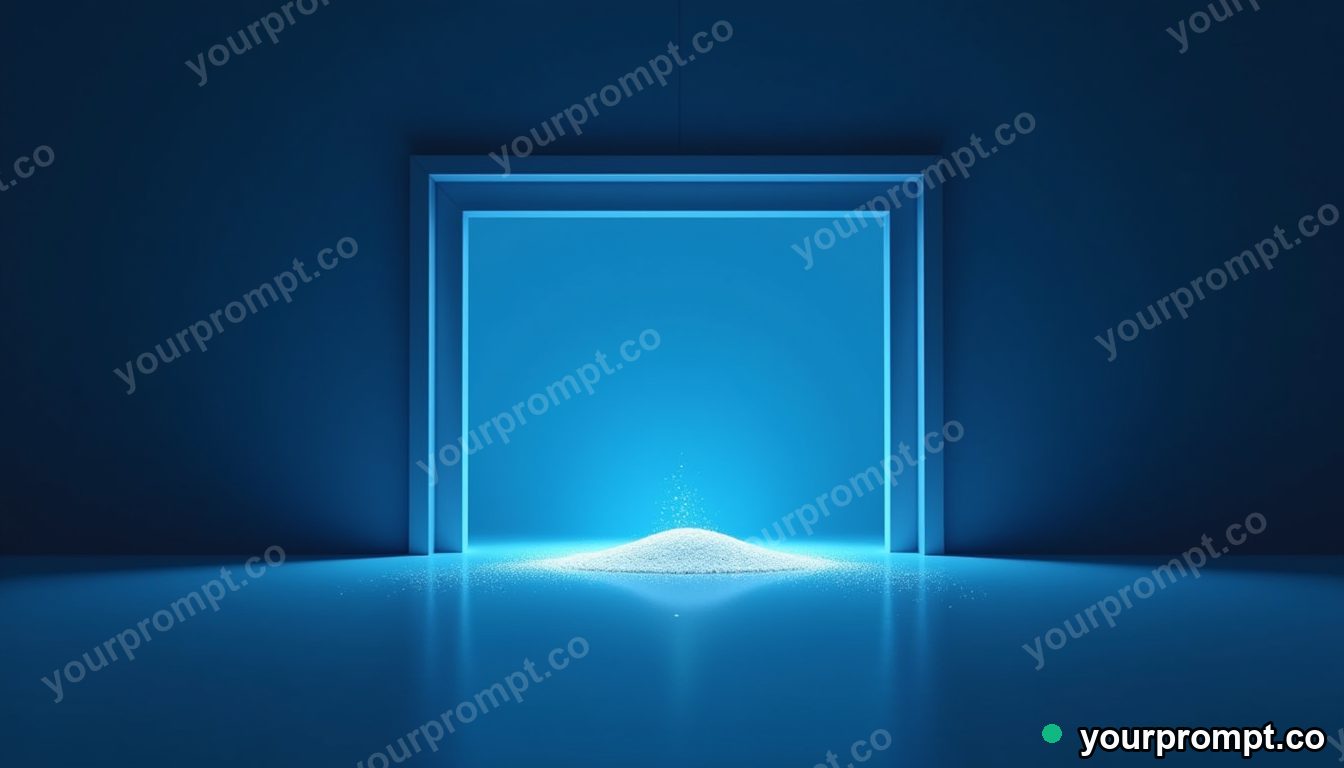 Magnetic sand tray leaking tiny particles of white light on a blue-lit loading dock · minimal graphic geometry — AI-generated image