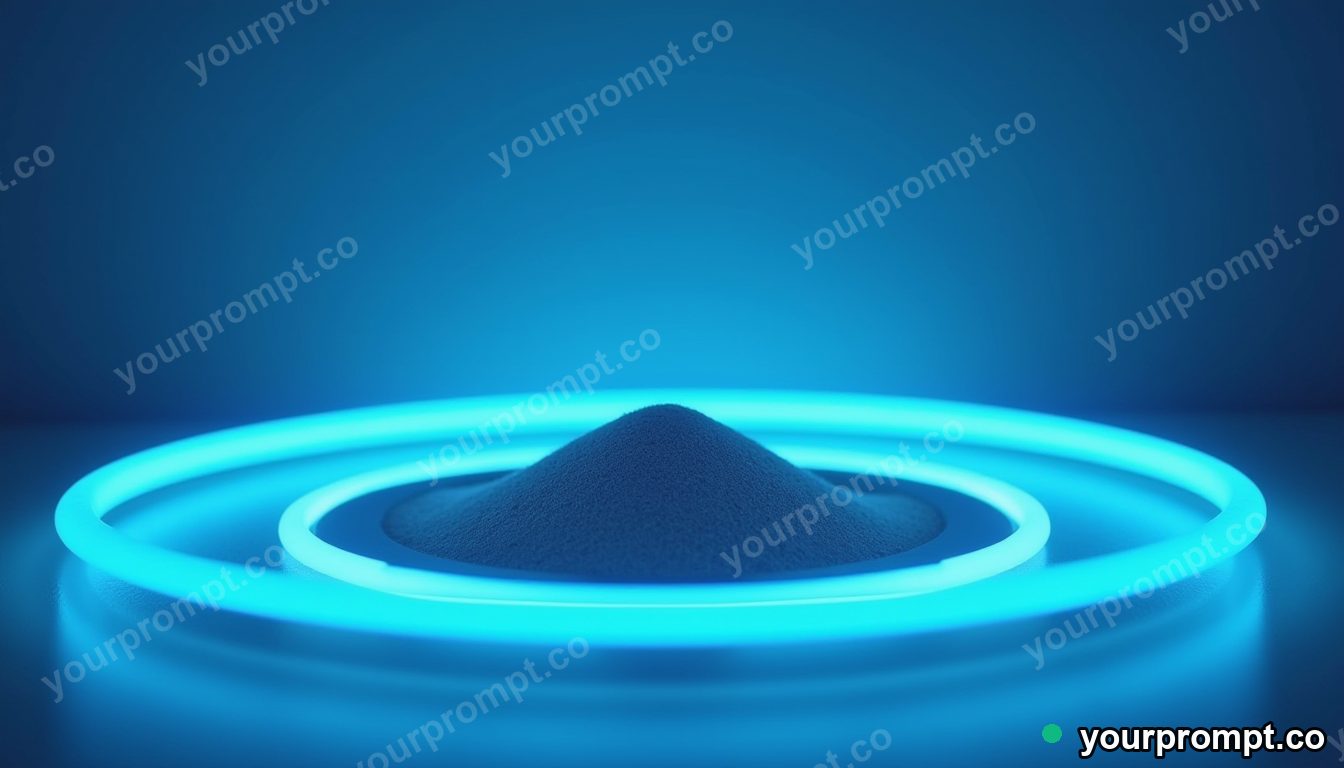 Magnetic sand tray surrounded by thin rings of blue light inside a blank office room · premium material editorial — AI-generated image