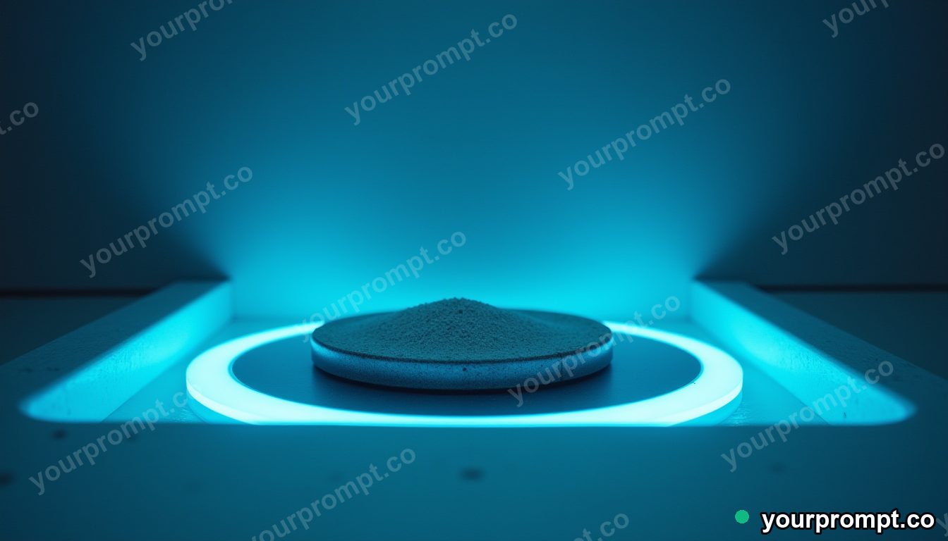 Magnetic sand tray surrounded by thin rings of blue light inside a blank office room · analog empty archive — AI-generated image
