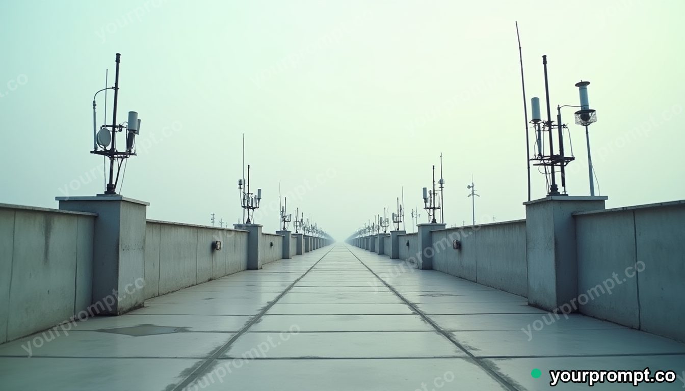 Paperclip bridge section stretched into a long impossible perspective on a rooftop surrounded by antennas — 5 AI style variations of one prompt