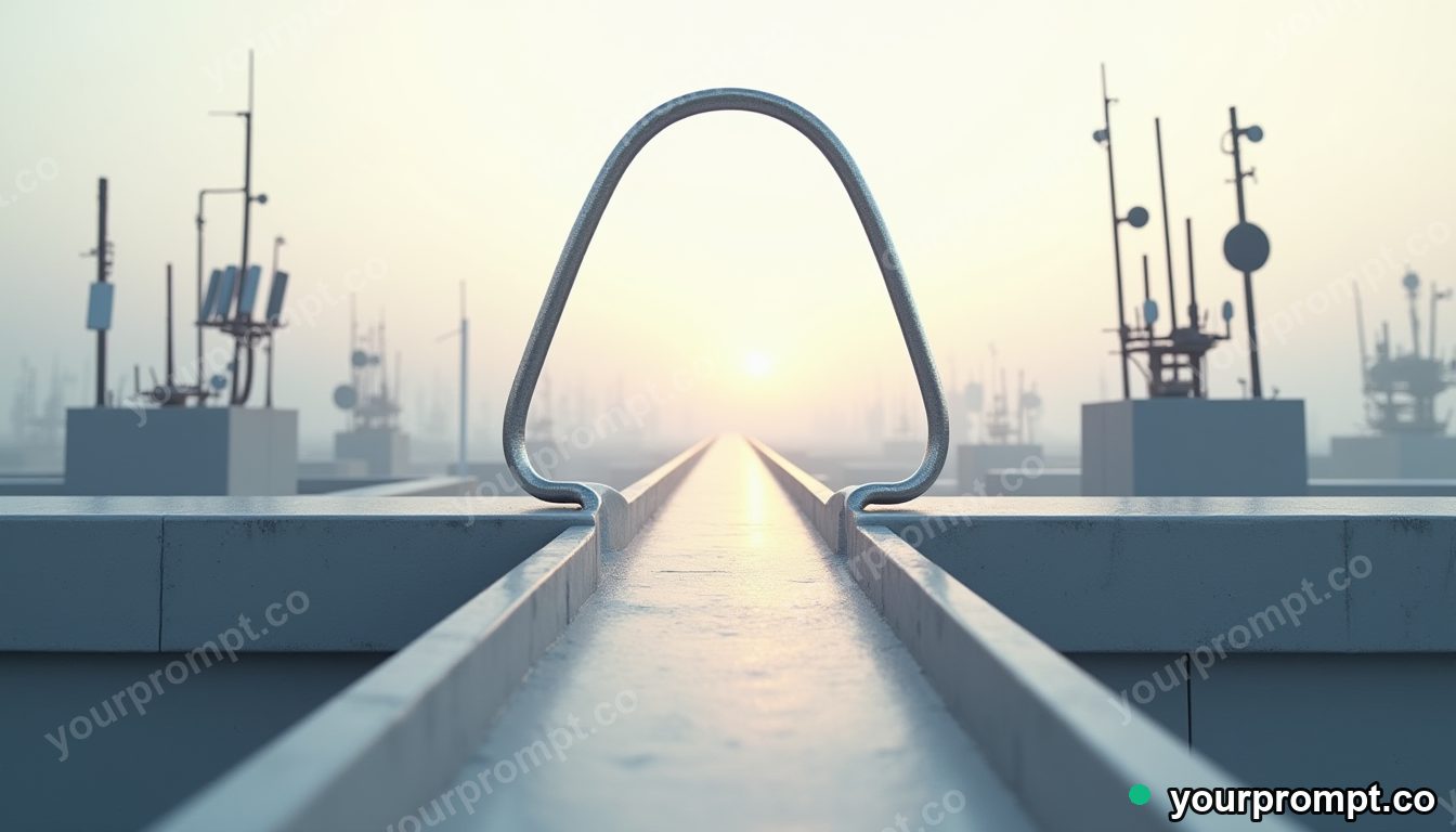 Paperclip bridge section stretched into a long impossible perspective on a rooftop surrounded by antennas · premium material editorial — AI-generated image