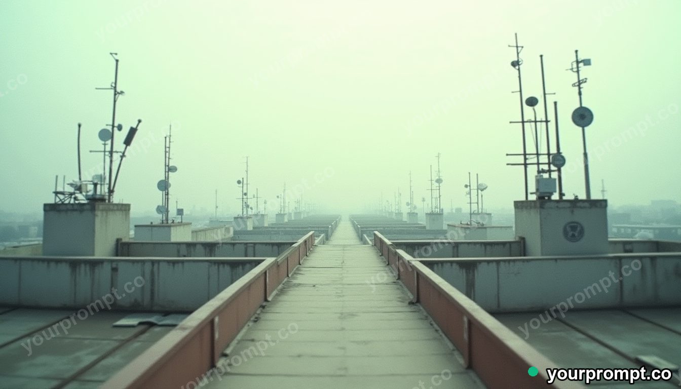 Paperclip bridge section stretched into a long impossible perspective on a rooftop surrounded by antennas · analog empty archive — AI-generated image