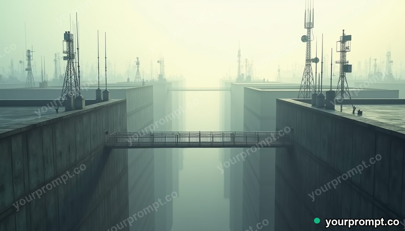 Paperclip bridge section stretched into a long impossible perspective on a rooftop surrounded by antennas · impossible physics surreal — AI-generated image